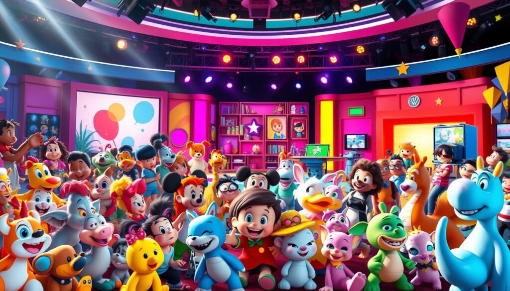 A vibrant and engaging children's television channel variety, showcasing a diverse array of captivating programs. In the foreground, a lively collage of beloved cartoon characters, from whimsical animals to enchanting fantasy creatures, all interacting with a sense of playfulness and wonder. The middle ground features brightly colored studio sets, with dynamic lighting and a sense of energy and movement, capturing the excitement of live-action shows and interactive segments. In the background, a kaleidoscope of shapes, patterns, and visual elements evoke the rich tapestry of a children's entertainment landscape, inviting the viewer to explore and discover new and engaging content. The overall atmosphere is one of joy, creativity, and a deep appreciation for the diverse and imaginative world of children's television.