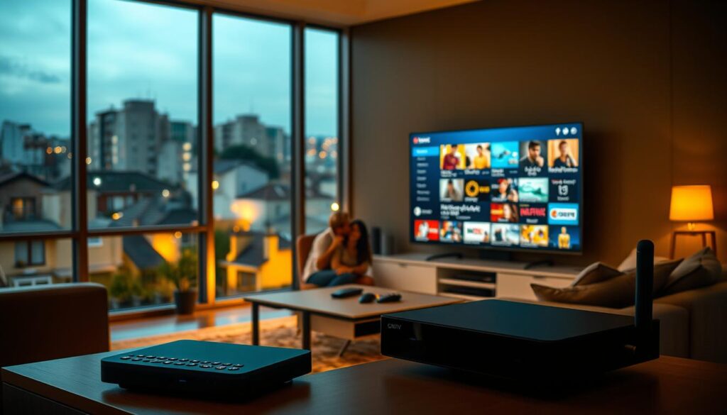 A vibrant and modern living room, dimly lit with warm ambient lighting. In the foreground, a sleek IPTV set-top box rests on a minimalist media console, surrounded by a variety of remote controls and smart devices. On the television screen, a diverse array of regional TV channels and on-demand content are displayed, showcasing the extensive range of local programming available. The middle ground features a comfortable couch and armchair, where a family is casually enjoying the entertainment options. In the background, large windows provide a scenic view of a bustling urban neighborhood, hinting at the integration of local content within the IPTV experience.