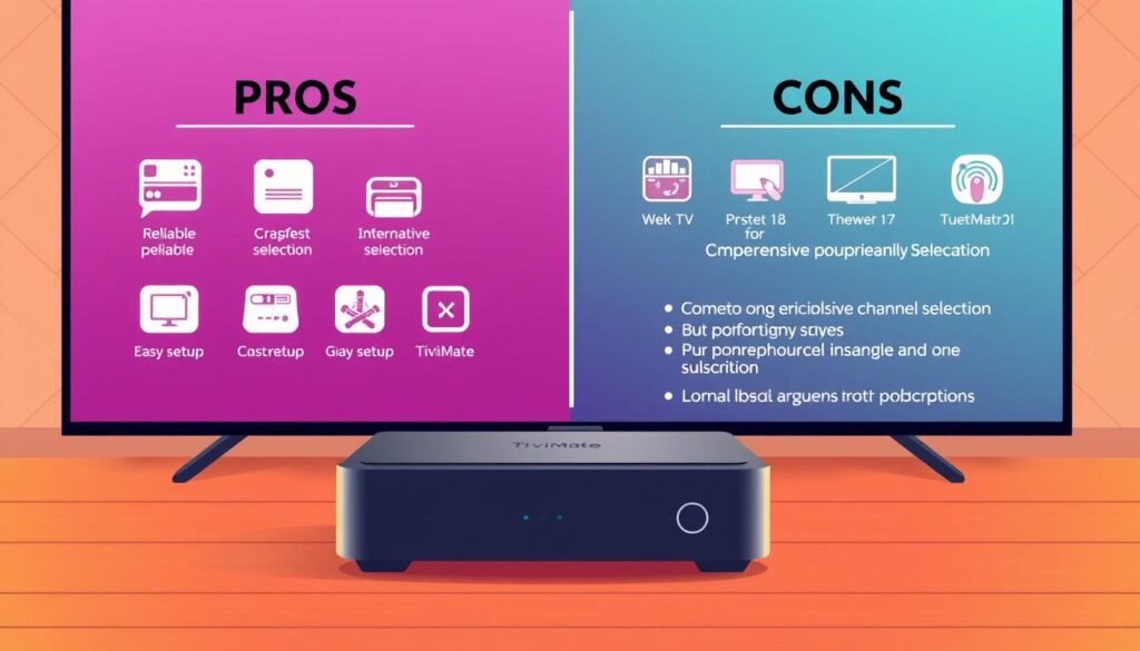 A vibrant, clean-lined illustration depicting the pros and cons of the TiviMate IPTV player. In the foreground, a sleek, minimalist device in a muted gray palette, its seamless interface hinting at the player's user-friendly functionality. Behind it, a dynamic display contrasting bold, concise icons and text, highlighting the key advantages and drawbacks of the TiviMate system - reliable performance, comprehensive channel selection, easy setup, but potential legal gray areas and subscription costs. The background features a subtle geometric pattern, lending a sense of structure and balance to the overall composition. Warm, diffused lighting casts a welcoming glow, creating an informative yet visually appealing aesthetic.