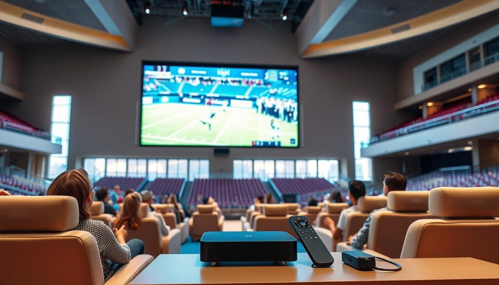 A vibrant, well-lit sports arena with a large screen displaying a live sports event. In the foreground, a group of people comfortably seated on modern, ergonomic furniture, their eyes fixed on the screen, immersed in the action. The middle ground features a sleek, minimalist entertainment setup, complete with a streaming device, remote control, and a high-quality sound system. The background showcases the arena's contemporary architecture, with clean lines and large windows, allowing natural light to flood the space. The overall atmosphere conveys a sense of convenience, affordability, and an enhanced viewing experience for sports enthusiasts.