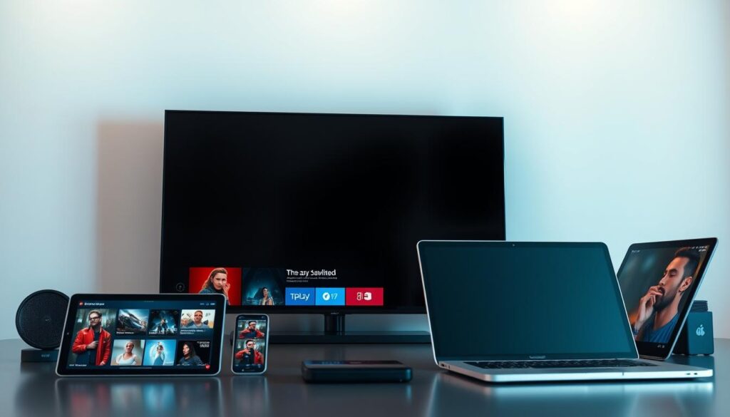 A well-lit, clean-lined setup showcasing a variety of modern devices - smart TV, tablet, smartphone, and laptop - seamlessly connected and streaming content in perfect harmony. The devices are arranged artfully, with subtle shadows and highlights accentuating their sleek, premium design. The background is a minimalist, soft-focus environment, allowing the devices to take center stage and convey a sense of effortless, cross-platform compatibility. The overall mood is one of technological sophistication, simplicity, and user-friendly connectivity.