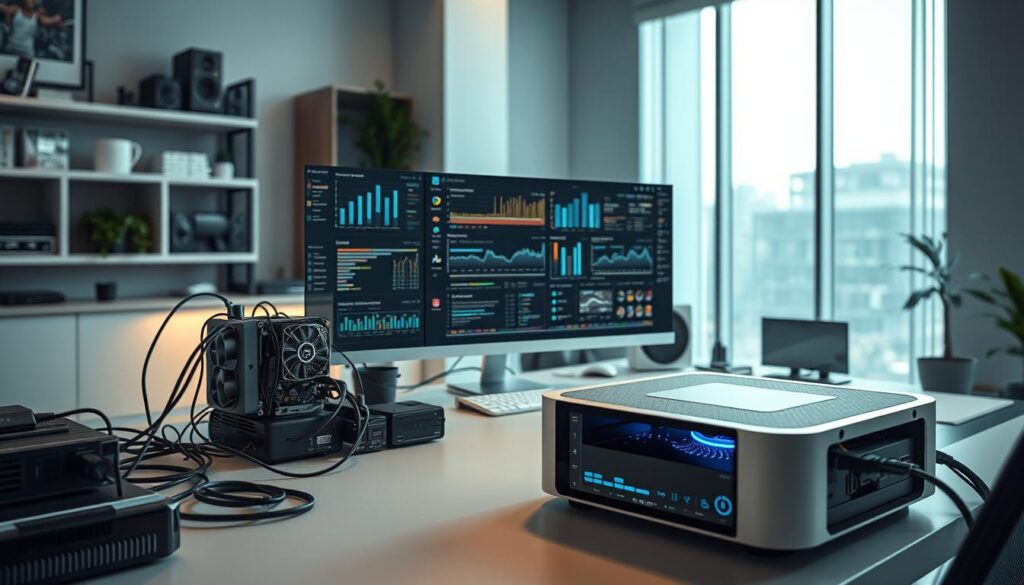 A well-lit, futuristic home office with a sleek, minimalist desk setup. In the foreground, a modern streaming device sits prominently, its intricate inner workings visible through a transparent casing. The device is surrounded by various cables, adapters, and cooling elements, all meticulously arranged to optimize performance and airflow. In the middle ground, a high-resolution display shows a real-time visualization of network activity and system diagnostics, highlighting the device's efficient data processing and seamless connectivity. The background features floor-to-ceiling windows, allowing natural light to flood the space and creating a sense of openness and technological harmony.