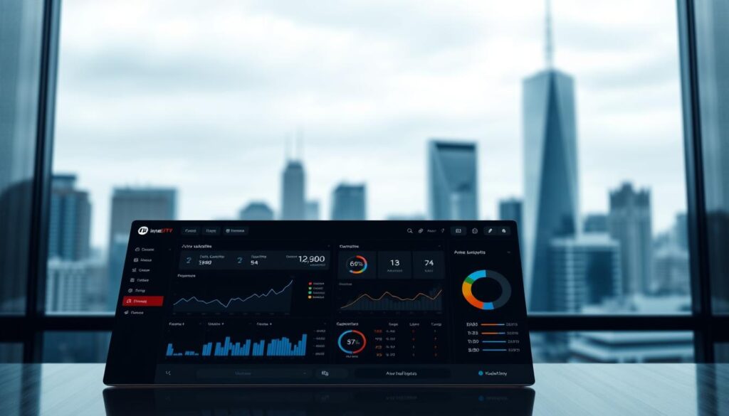 A well-lit, high-resolution image of a modern IPTV reseller panel interface. The foreground features a sleek, minimalist dashboard with intuitive controls and data visualizations, showcasing key metrics like active subscriptions, customer analytics, and revenue reports. The middle ground includes a sidebar navigation menu with options to manage users, content, and billing. In the background, a blurred city skyline or abstract geometric pattern creates a professional, technology-driven atmosphere. The lighting is soft and even, with subtle shadows accentuating the depth and textures of the interface elements. The camera angle is slightly tilted to provide an engaging, dynamic perspective of the reseller panel's comprehensive feature set.