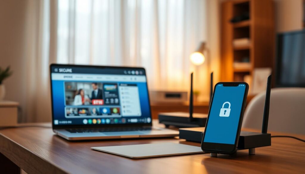A well-lit home office with a laptop, smartphone, and secure network router. The laptop display shows a secure video streaming service interface, while the smartphone displays a padlock icon, indicating encrypted communication. The desk is neat and organized, conveying a sense of professionalism and attention to detail. The room is bathed in a warm, soft light, creating a cozy and inviting atmosphere. The overall scene suggests a comfortable, secure, and technologically-savvy environment for legal and secure IPTV streaming.