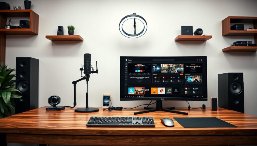 A well-organized, neatly arranged desktop setup with a modern, minimalist aesthetic. In the foreground, a high-end gaming laptop with a sleek, aluminum chassis sits atop a sturdy, oak-wood desk. Beside it, a premium, wireless keyboard and mouse combo in a neutral color scheme. In the middle ground, a large, 4K monitor displays a vivid, high-resolution streaming interface, showcasing intuitive controls and a clean, uncluttered layout. Strategically placed behind the laptop, a professional-grade webcam and ring light provide optimal lighting and video quality for streaming. The background features a simple, white wall accented by floating shelves displaying essential streaming equipment, such as a high-gain microphone and a media capture card. The overall scene conveys a sense of efficiency, organization, and a focus on delivering a polished, professional streaming experience.
