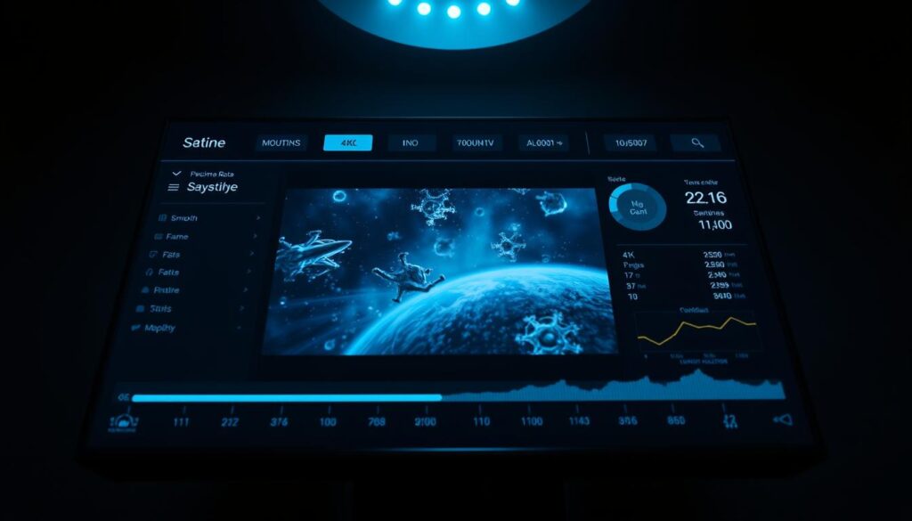Detailed performance analysis of a Perfect Player IPTV app interface. Sleek, modern UI with intuitive controls and media player visualizations. Smooth 4K video playback with minimal buffering. Precise data visualizations highlighting frame rates, bitrates, and bandwidth usage. Cool color palette of blues and grays, dramatic lighting from above, slightly low camera angle to emphasize the technology. Crisp, high-resolution textures and materials convey a sense of quality and sophistication. The overall tone is professional, informative, and visually compelling.