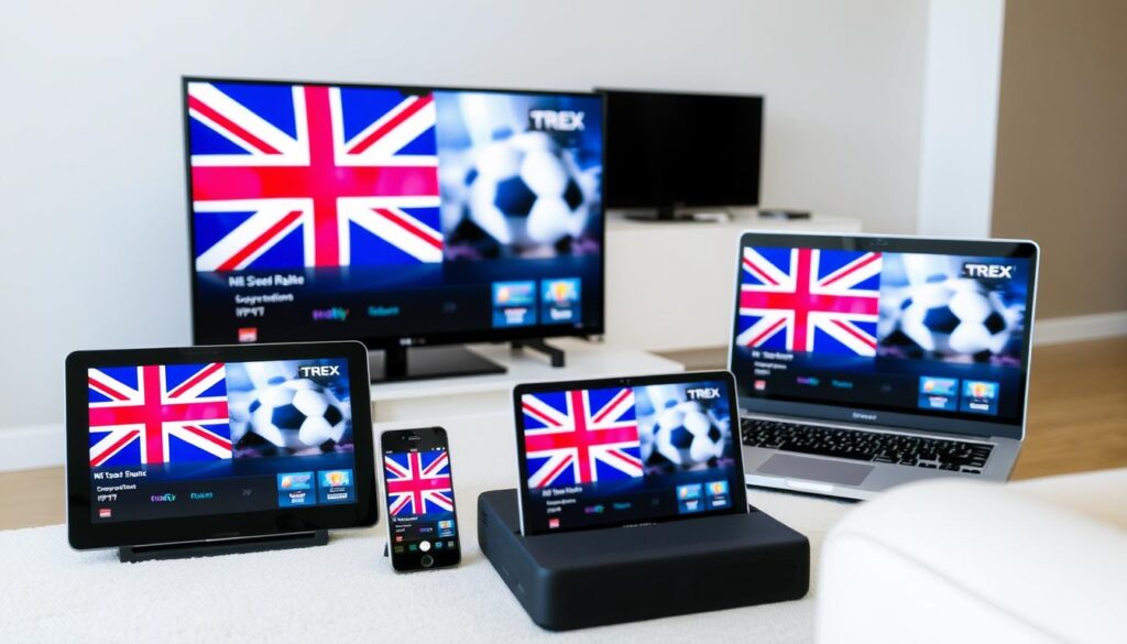 Multiple devices showing Trex IPTV interface including smart TV, tablet, smartphone and laptop