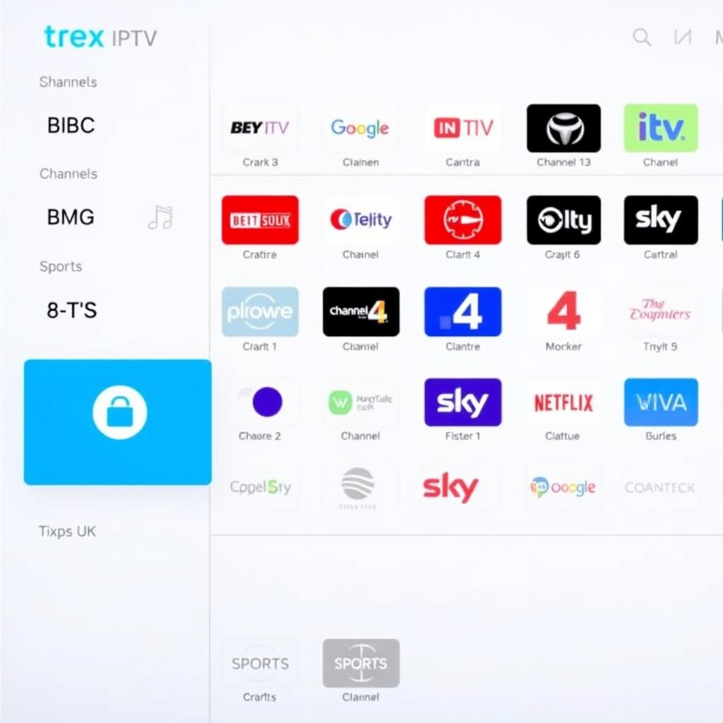 Trex IPTV channel selection showing UK content