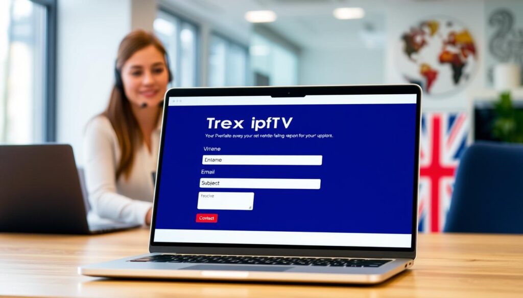 Trex IPTV contact form on laptop screen with customer support in background