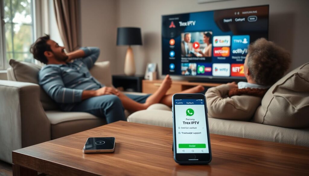 Trex IPTV customer enjoying premium content with support contact information displayed