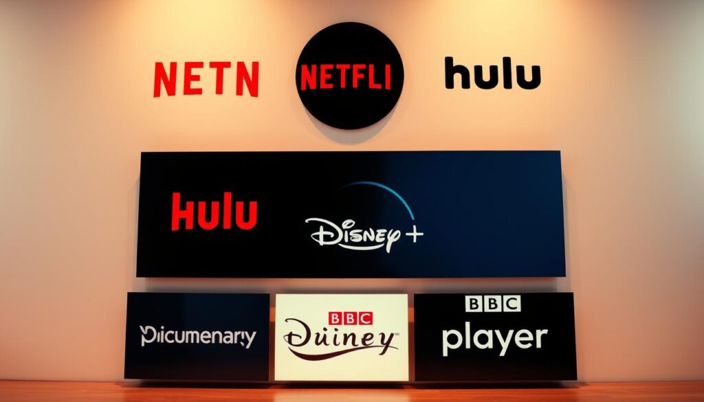 Vibrant collage of documentary streaming service logos, prominently displayed in a sleek, modern arrangement. Crisp, high-resolution icons of popular platforms like Netflix, Hulu, Amazon Prime Video, Disney+, and BBC iPlayer set against a clean, minimalist backdrop. Soft, warm lighting illuminates the image, creating a sense of professionalism and digital sophistication. The layout is well-balanced, with each logo strategically positioned to create visual harmony. The overall tone conveys the idea of a comprehensive, high-quality selection of documentary content available at the viewer's fingertips.
